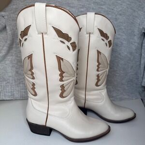 Women's Western Cowboy Boots - Cream and Brown
